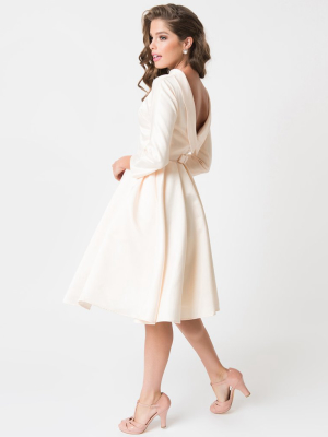 Unique Vintage Cream Satin Sleeved Lana Bridal Dress