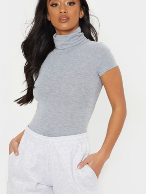 Petite Grey Marl Short Sleeve Basic Roll Neck...