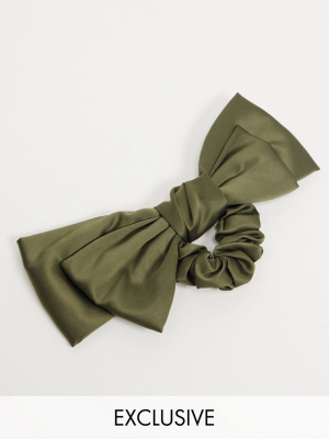 My Accessories London Exclusive Oversized Bow Hair Scrunchie In Khaki Satin
