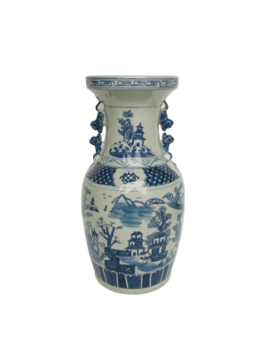 Landscape Vase With Squirrel Handles, Blue And White