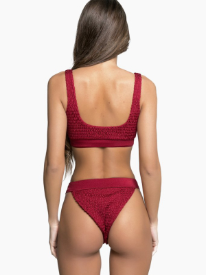 Bella Smocked High Cut Cheeky Bikini Bottom - Burgundy Red