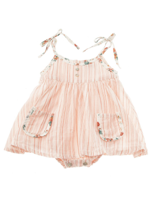 Tocoto Vintage Baby Striped Dress With Flower Print Straps And Inner Bod
