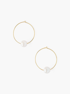 White Floating Pearl Gold Hoop Earrings