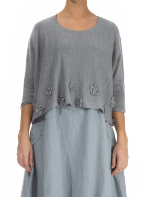 Flowers Decorated Light Grey Linen Jumper