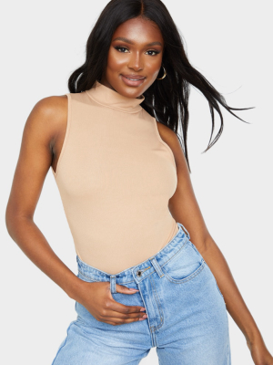 Tall Tan Sleeveless Rib High Neck Bodysuit