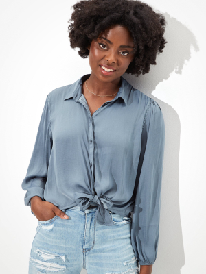 Ae Silky Tie Front Button Up Shirt