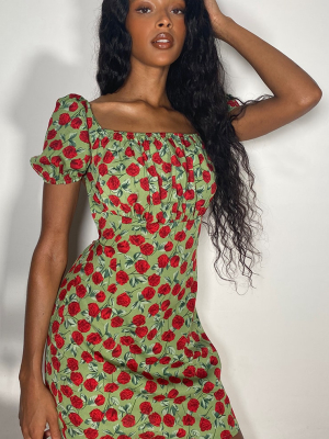 Green Rose Print Open Back Tie Detail Bodycon...