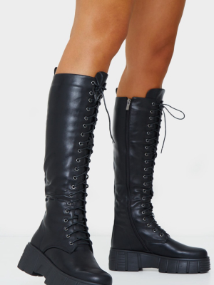 Black Knee High Lace Up Textured Sole Chunky Boots