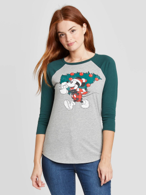 Women's Mickey Mouse Christmas Tree 3/4 Raglan Sleeve Graphic T-shirt - Heather Gray