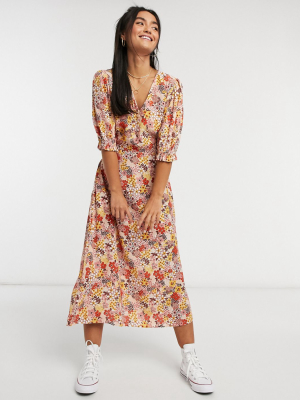 Nobody's Child Midi Dress With Button And Back Bow Detail In 70s Flower Print