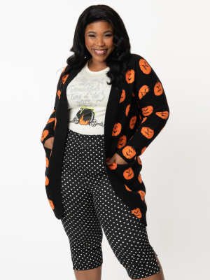 Preorder- Plus Size Black & Orange Pumpkins Open Long Cardigan