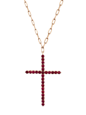 Large Cross Ruby Pendant Necklace - Rose Gold