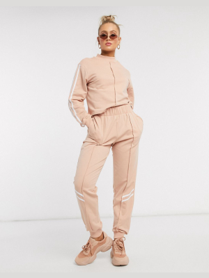 Asos Design Tracksuit High Neck Sweat / Jogger With Stripes In Putty