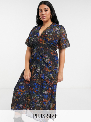 Hope & Ivy Plus Plunge Ruffle Midi Dress In Cobalt Orange Floral Print