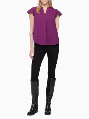 Solid V-neck Flutter Sleeve Top