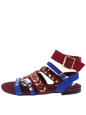 Rigstar Burgundy Multi Open Toe Ankle Strap Flat Sandal