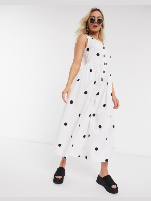 Asos Design Button Front Smock Jumpsuit In White And Black Spot