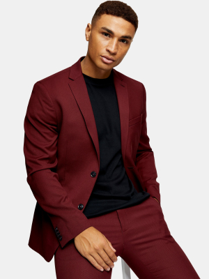 Burgundy Single Breasted Skinny Fit Suit Blazer With Notch Lapels