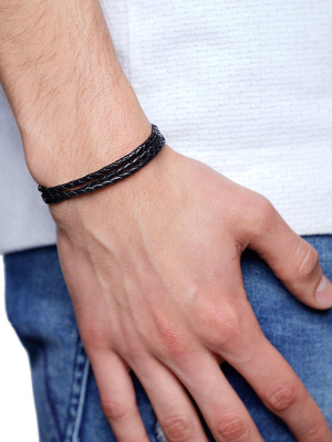 Men's Black Wrap-around Leather Bracelet With Silver Lock