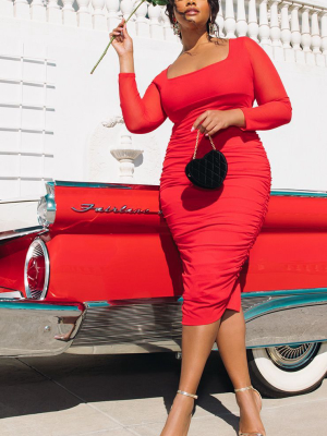 Plus Red Mesh Ruched Midi Dress