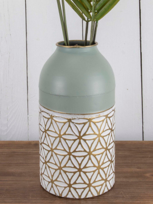 Modern Whitewash Floral Pattern Green Painted Brass Decorative Vase - Foreside Home & Garden