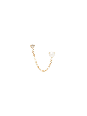 14k Pearl And Diamond Chain Double Stud Earring