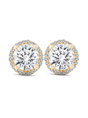 Pompeii3 2 1/5 Ct Diamond Halo Screw Back Studs 10k Yellow Gold Moissanite