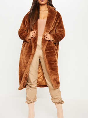 Tall Brown Faux Fur Long Line Coat