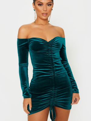 Emerald Green Velvet Bardot Ruched Long Sleeve...