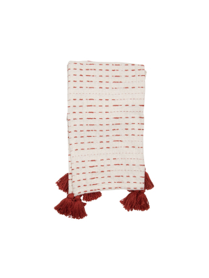 Cream And Red Hand Woven 50 X 60 Inch Cotton Throw Blanket With Hand Tied Tassels - Foreside Home & Garden