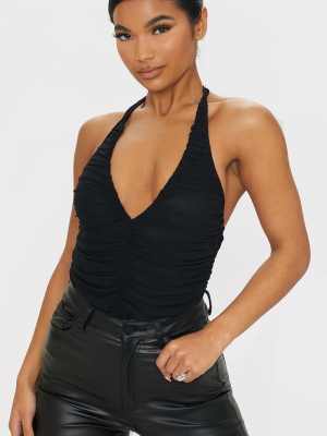 Black Mesh Ruched Plunge Halterneck Bodysuit