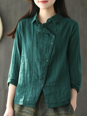 Plus Size - Retro  Solid Color Long Sleeve 100% Cotton Shirt