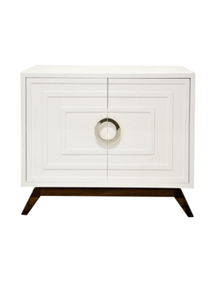 White Lacquer 2 Door Cabinet With Stained Hardwood Base & Nickel Hardware