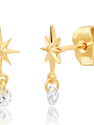 Tai Simple Gold Starburst Post Earrings With Cz Drop