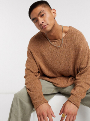 Asos Design Knitted Oversized Textured Yarn Sweater In Camel