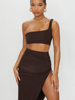 Chocolate Brown Slinky One Shoulder Crop Top