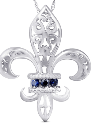 Pompeii3 Blue Sapphire Vintage Fleur De Lis Pendant 10kt White Gold W/ 18" Chain 1" Tall