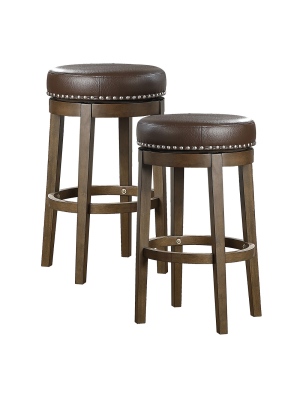 Lexicon Whitby 30.5 Inch Pub Counter Height Wooden Bar Stool With Solid Wood Legs And Faux Leather Round Swivel Seat, Brown (2 Pack)