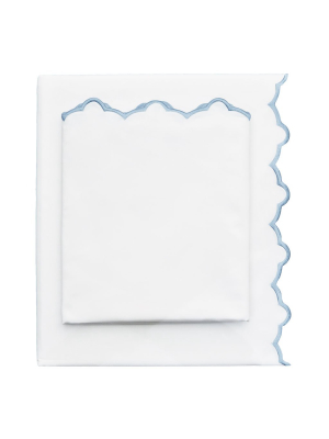 French Blue Scalloped Embroidered Sheet Set (fitted, Flat, & Pillow Cases)