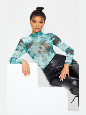 Emerald Green Dragon Print Mesh High Neck Long...