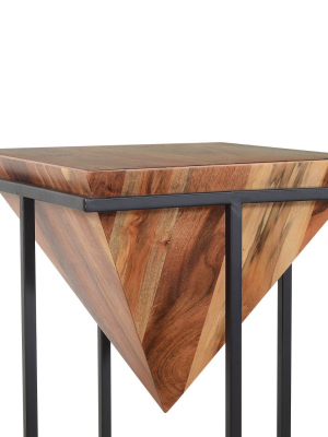 30" Pyramid Shape Wooden Side Table With Cross Metal Base Brown/black - The Urban Port