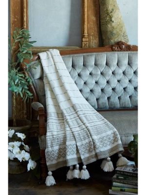 50"x60" Woven Striped Throw Blanket With Pom-poms Tan - Patina Vie