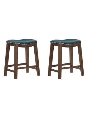 Homelegance 24" Counter Height Wooden Stool Saddle Seat Barstool, Green (2 Pack)