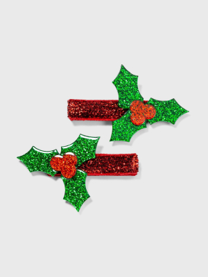 Glitter Holly And Ribbon Snap Clip Set 2pc