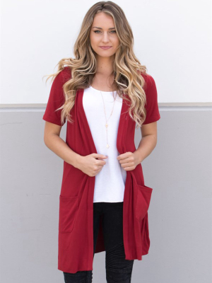 Short Sleeve Pocket Cardigan - Cranberry