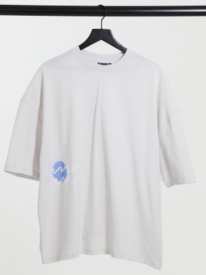 Asos Design Oversized T-shirt In Off-white With Squiggle Print