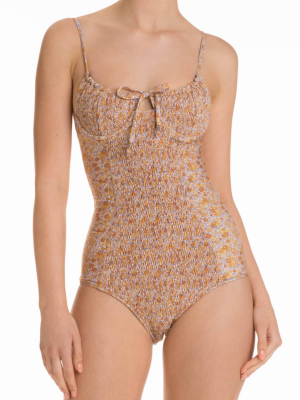 Palm Lenny Smocked One-piece Swimsuit In Marigold Floral