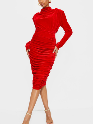 Red Velvet High Neck Draped Detail Midi Dress