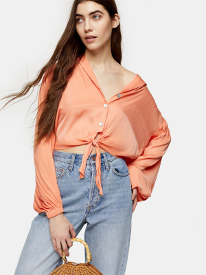 Coral Satin Tie Front Shirt