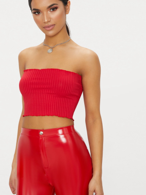 Red Rib Frill Hem Bandeau Crop Top